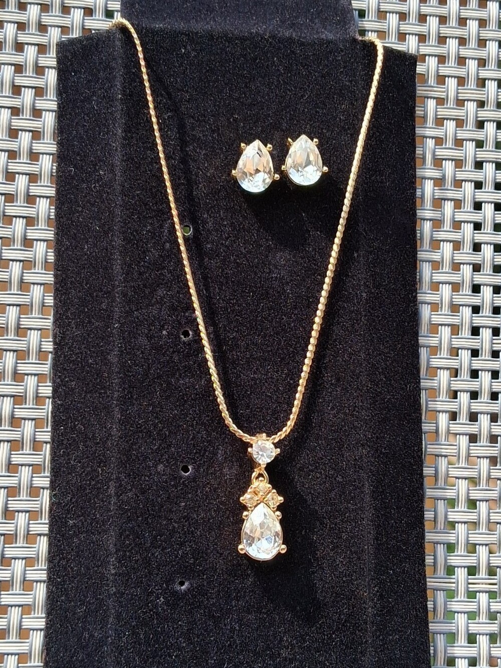 Vintage Christian Dior Gold Tone Pear Crystal Necklace & Earring Set